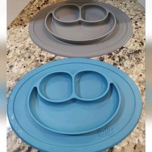EZPZ Mat Gray & Blue Suction Cup Placemat Plate Silicone Lot Of 2 Baby Toddler